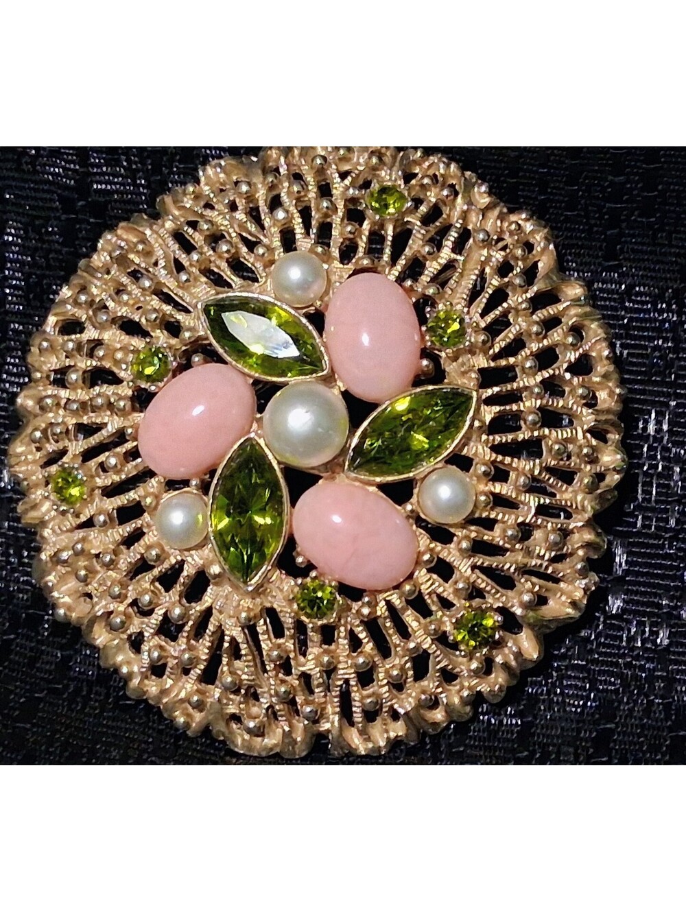 Large Sarah Coventry Fashion Splendor Brooch Pink Green Rhinestone Gold Tone